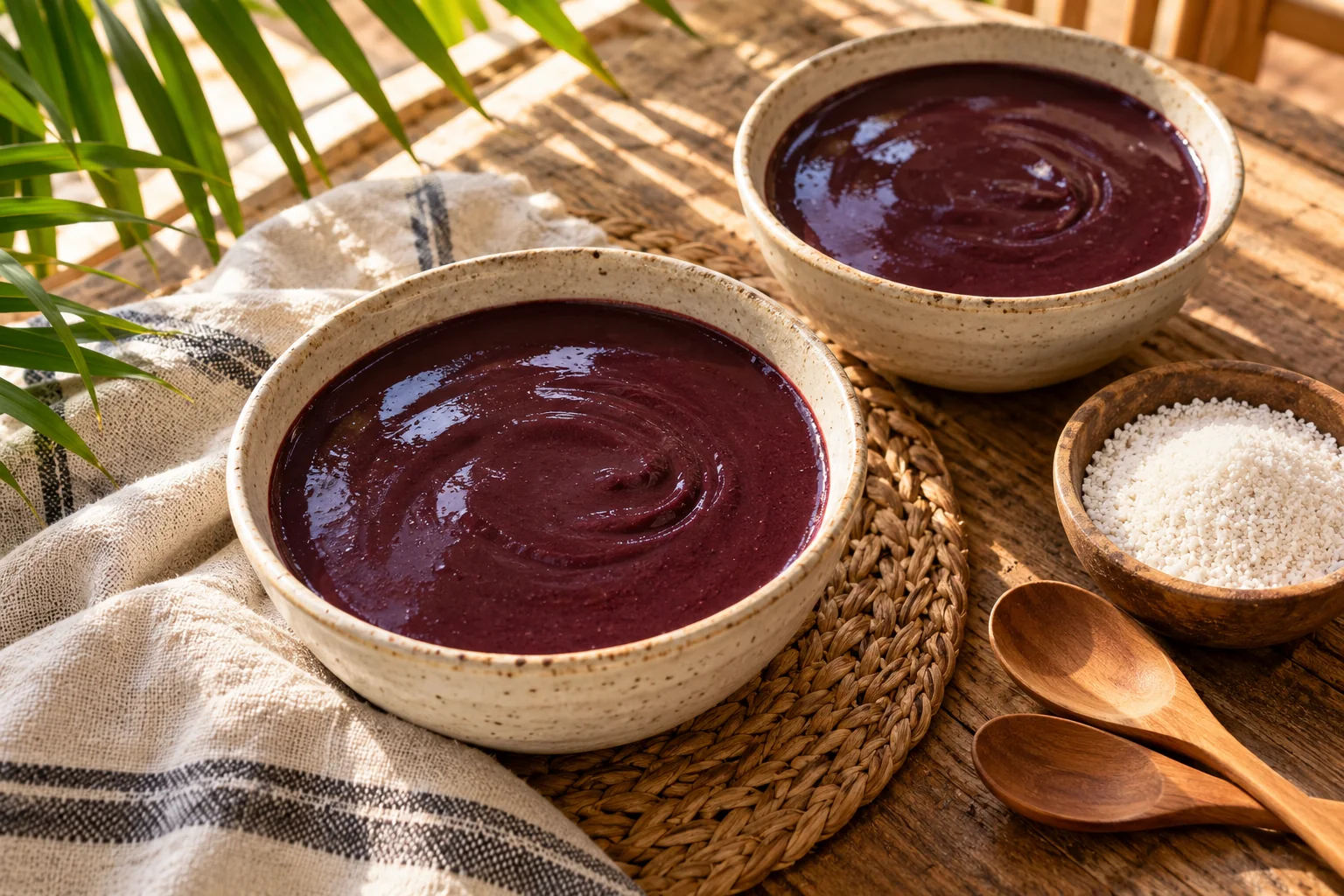 Tigelas de açaí com tapioca em uma mesa para compartilhar