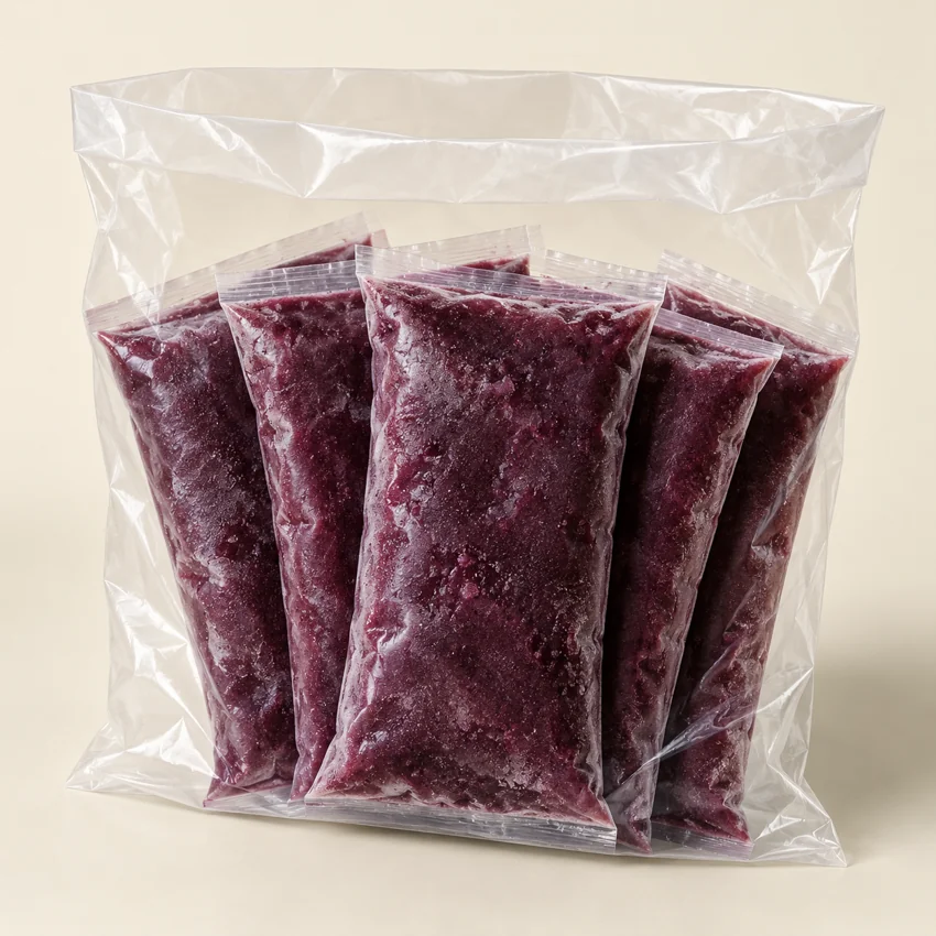 Representação ilustrativa de um pacote de 1 kg contendo cinco sachês de 200 g de polpa