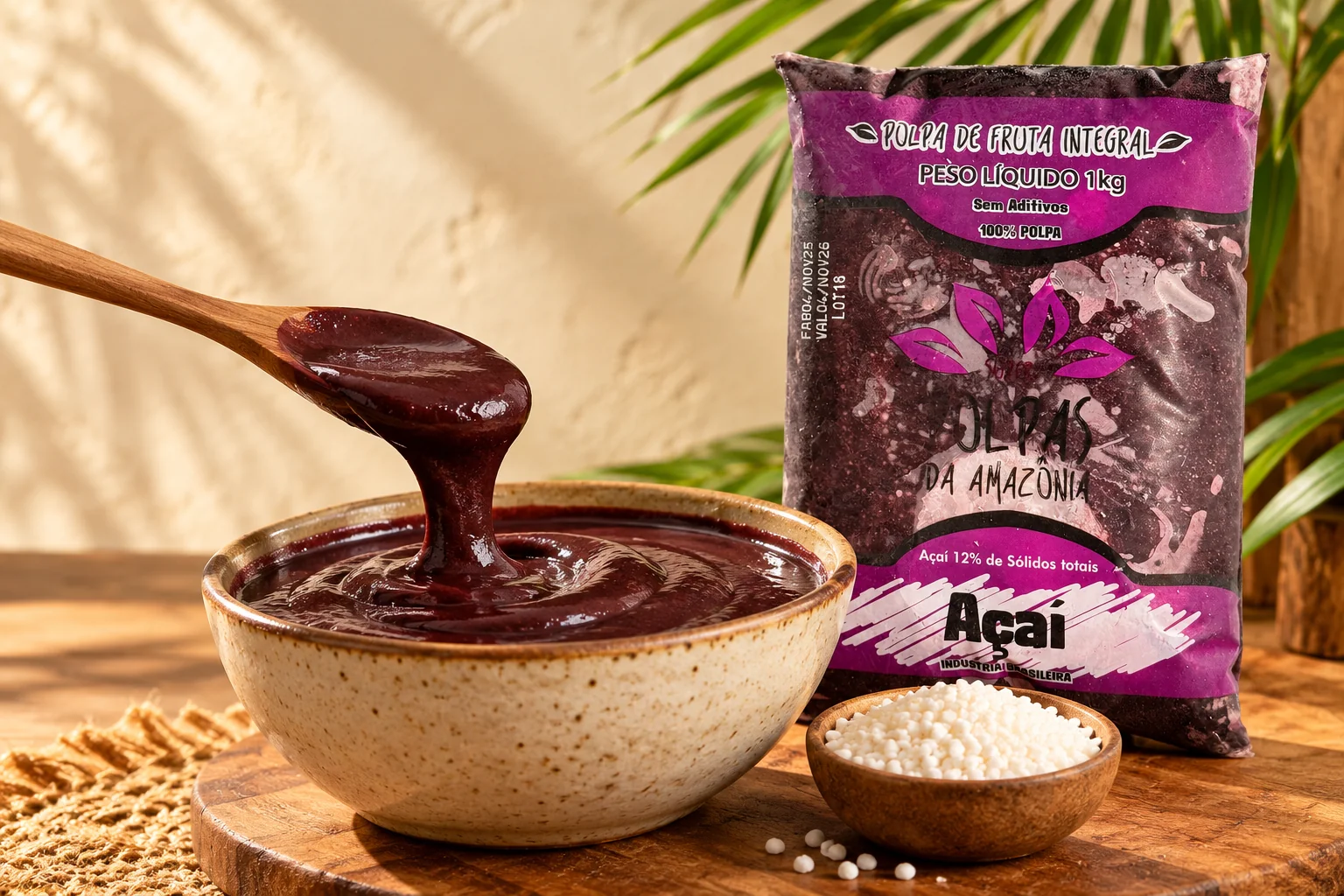 Polpa de açaí com uma tigela de açaí e tapioca como acompanhamento